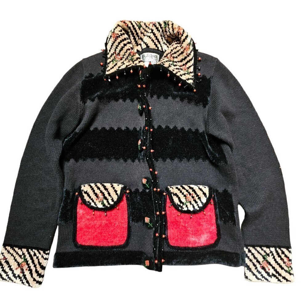 Jack B‎ Quick Beaded Roses Embroidered Cardigan Sweater Leopard Chenille Petites